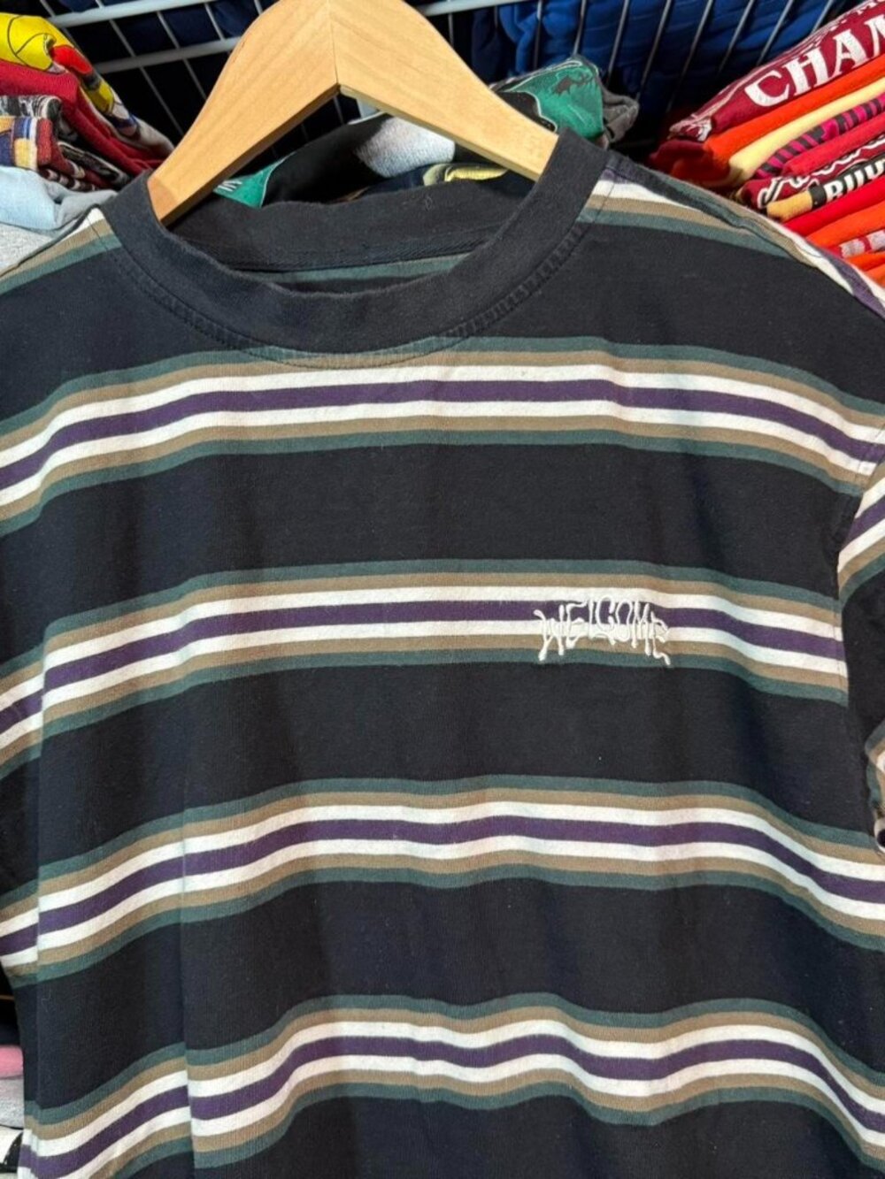 Welcome skateboards embroidered striped t shirt